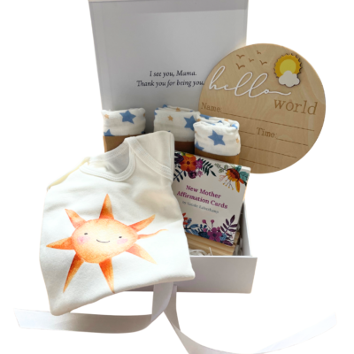 New Mum Gift Box – Affirmation Cards with Wooden Stand, Organic Cotton Sun Bodysuit, 3-Pack Burp Cloths & ‘Hello World’ Sun & Cloud Disc